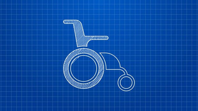 White line Wheelchair for disabled person icon isolated on blue background. 4K Video motion graphic animation