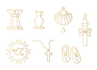 Fototapeta golden set of baptism related icons: font, pitcher, shell, candle, holy spirit, chain with cross and baby booties - vector illustration obraz