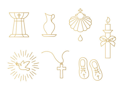 golden set of baptism related icons: font, pitcher, shell, candle, holy spirit, chain with cross and baby booties - vector illustration