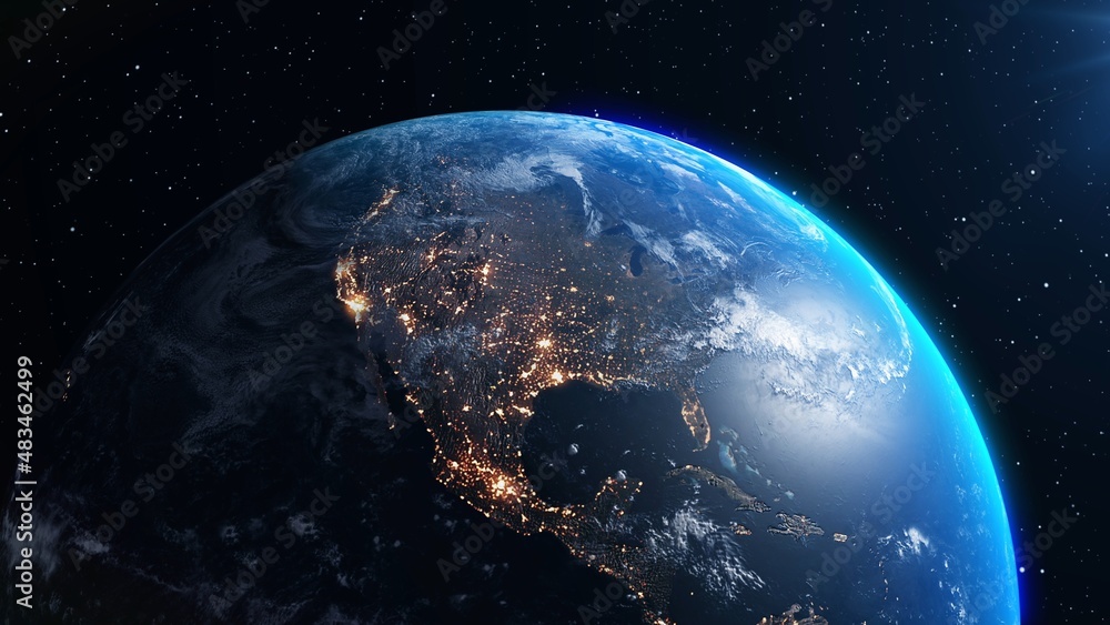 Wall mural planet earth with realistic geography surface and orbital 3d cloud atmosphere . outer space view of 