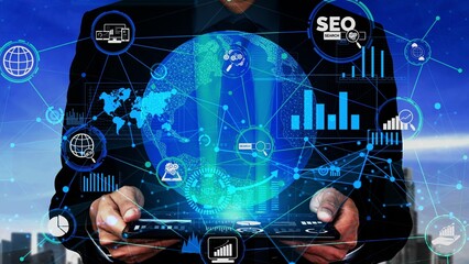 SEO - Search Engine Optimization for Online Marketing conceptual. Modern graphic interface showing...
