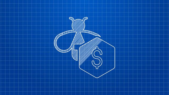 White line Sale of bees icon isolated on blue background. Sweet natural food. Honeybee or apis with wings symbol. Flying insect. 4K Video motion graphic animation