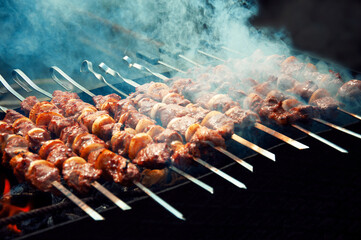 grilled roasted meat in smoke, outdoor recreation. High quality photo