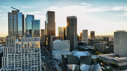Los Angels city center. Los angeles aerial view, with drone. Los Angeles downtown skyline.