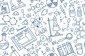 Medical or chemistry symbols doodle seamless pattern. Science subject cover template design. Education study concept. Back to school sketchy background for not pad, text book. Hand drawn illustration. - 483465016