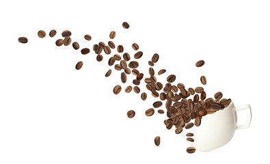 Cup and aromatic roasted coffee beans flying on white background