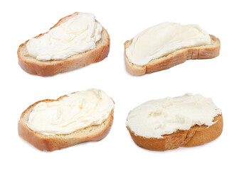 Toasted bread with tasty cream cheese on white background, collage