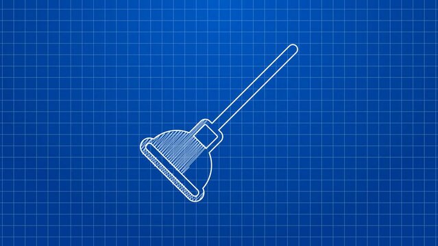 White line Rubber plunger with wooden handle for pipe cleaning icon isolated on blue background. Toilet plunger. 4K Video motion graphic animation