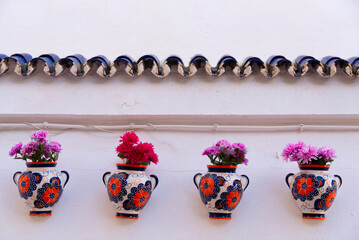 multicolored pots of flowers hanging on walls of a typical village