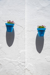 multicolored pots of flowers hanging on walls of a typical village