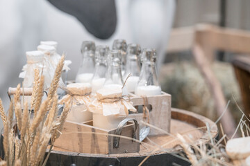 Glass containers filled with cow milk at wooden box and cow on background