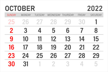 October 2022 calendar icon. October 2022. Glider for October. Time planning.