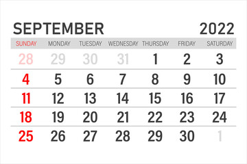 September 2022 calendar. Vector illustration of a calendar for September 2022. Wall table calendar vector template. September 2022 wall calendar template.