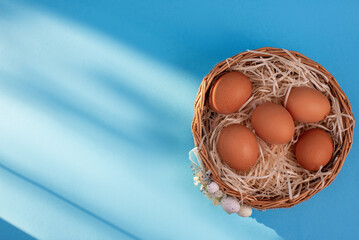 basket with eggs on a blue background with highlights