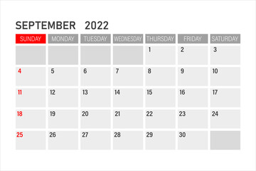 September 2022 calendar. Vector illustration of a calendar for September 2022. Wall table calendar vector template. September 2022 wall calendar template.