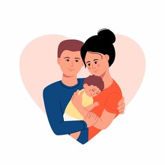 A young happy couple parents hugs their newborn with care and love in heart shape. Father and mother Family and child care vector concept.