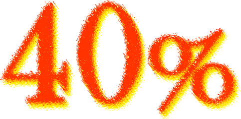 Burning fiery numbers with swirls, 40%. Volumetric three-dimensional figures with fiery brags along the contour. Vector. Ability to change to any size without loss of quality.