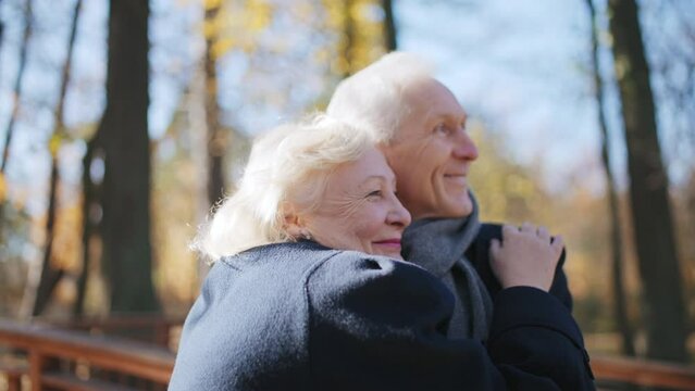 Cheerful grandparents hugging, watching grandchildren playing in autumn park