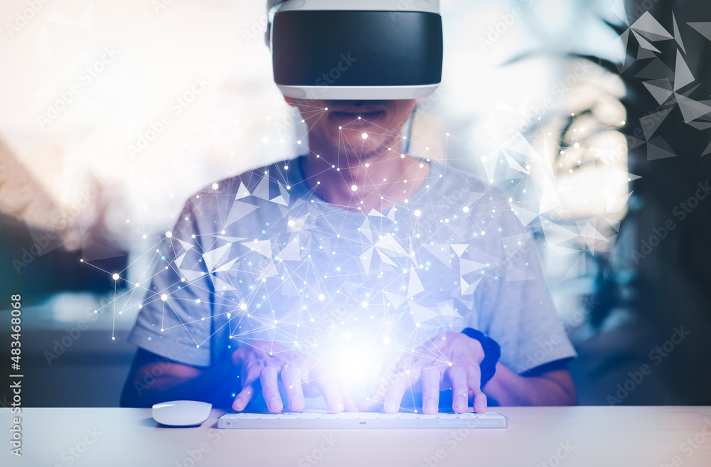 Poster man wearing vr glasses virtual with global network connection. internet communication, wireless conn