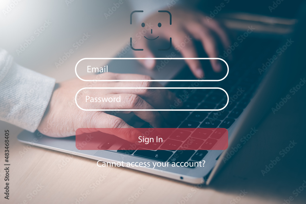 Poster security password login online concept hands typing and entering username and password of social med