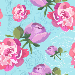 Peony ornament seamless pattern backgrounds, vector illustration
