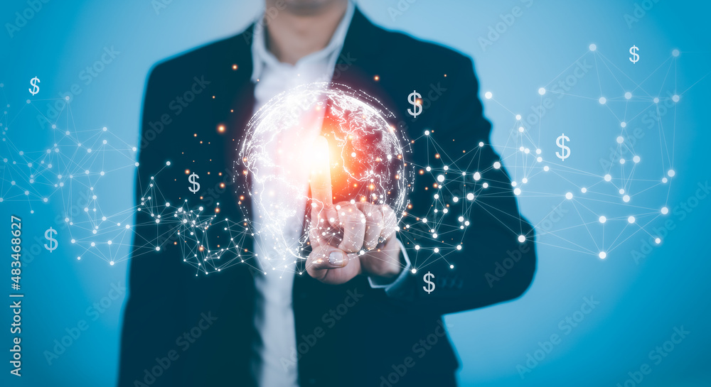 Poster man touching global network and data exchanges over the world 3d rendering, metaverse and digital wo