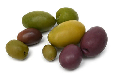 Delicious different green and red olives