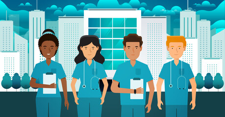 Ilustración de profesionales de la salud trabajando arduamente contra la pandemia. 