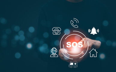 Man using Smart Phone with Emergency app in home, call phone, Chat message icon, Emergency application from smartphone for elderly, technology concept.Old hand touch mobile phone and call for help.