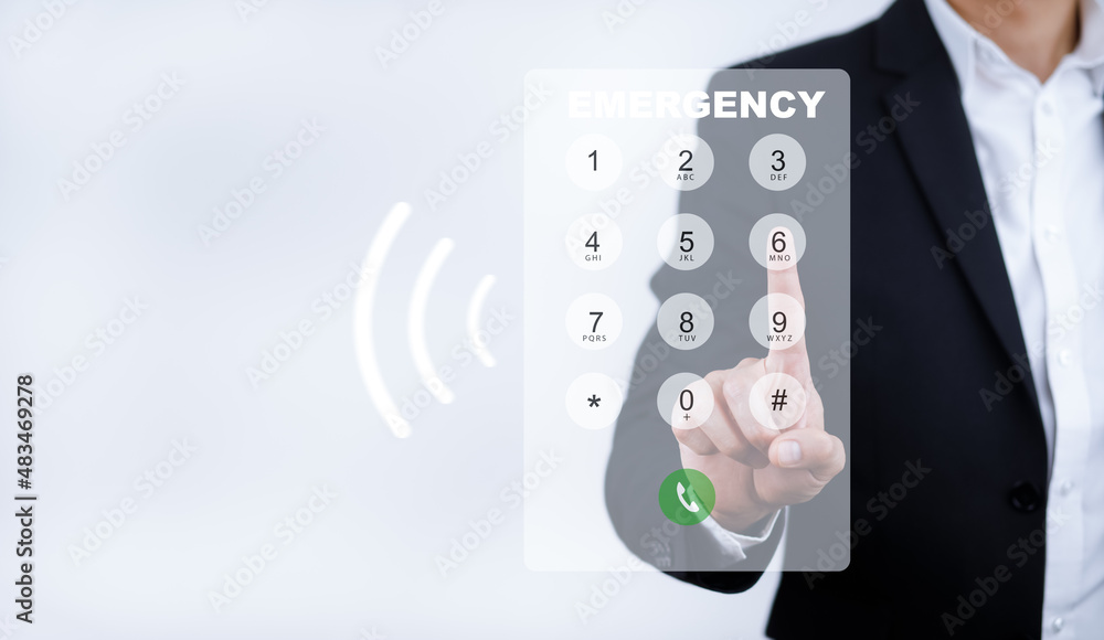 Poster dialing on virtual telephone keypad with transparent telephone buttons, businessman touch button of 