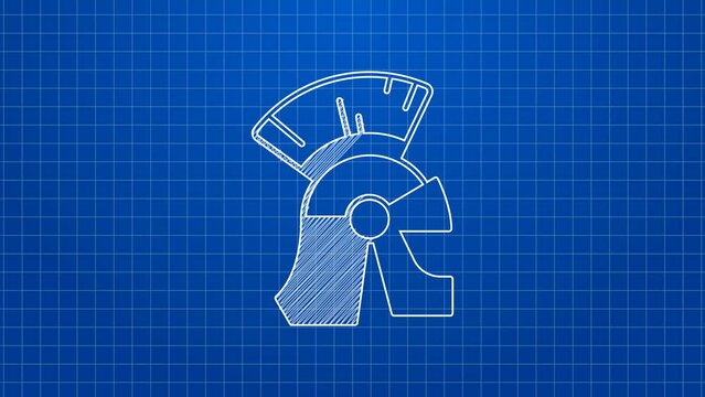 White line Roman army helmet icon isolated on blue background. 4K Video motion graphic animation