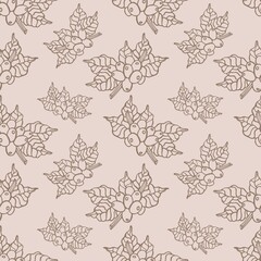 Seamless pattern of hand drawn coffee branch and flowers, for wrapping paper, wallpaper, fabric pattern, bacdrop, print, gift wrap, cover of notebook, envelope. Vector illustration