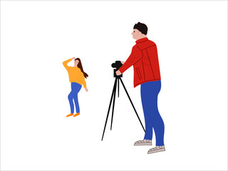 A young girl poses for a photographer in front of the camera. Photo session for business. The photographer shoots a woman on the camera. Flat vector illustration isolated on white background.