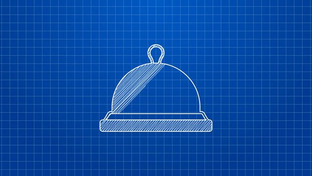 White line Covered with a tray of food icon isolated on blue background. Tray and lid sign. Restaurant cloche with lid. 4K Video motion graphic animation