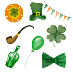 St. Patrick&rsquo;s Day watercolor element collection containing lucky shamrock, Patrick&rsquo;s day hat, green bottle, flags, balloon, smoke pipe, bow tie hand-drawn vectors 