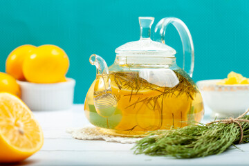 Horsetail tea (Equisetum arvense) in a beautiful glass teapot