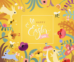 Happy Easter Sale banner. Easter design with typography, Flowers strokes, dots, eggs, and bunny. Colorful modern flat style. Poster, greeting card, header