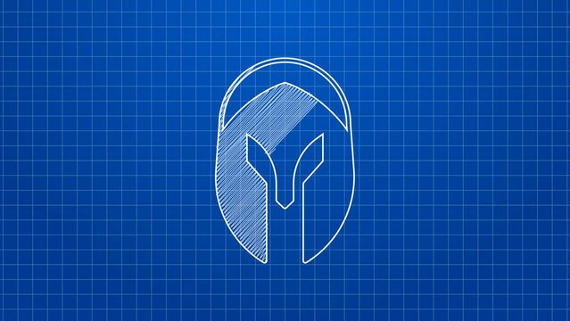 White line Medieval iron helmet for head protection icon isolated on blue background. Knight helmet. 4K Video motion graphic animation