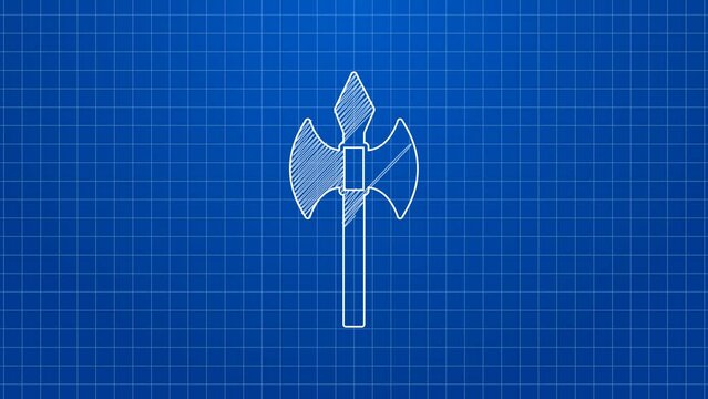 White line Medieval axe icon isolated on blue background. Battle axe, executioner axe. Medieval weapon. 4K Video motion graphic animation