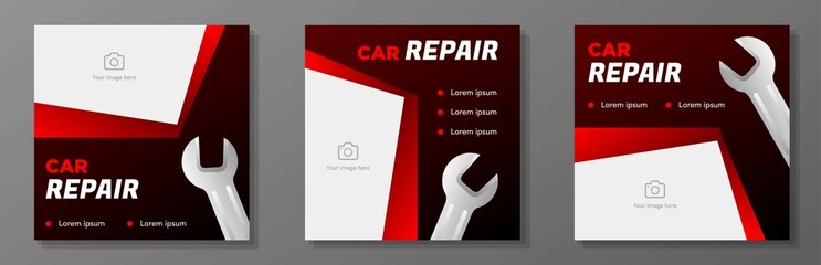 Car repair service social media post, banner set, vehicle mechanic advertisement concept, repair store business marketing square ad, abstract print, isolated on background.