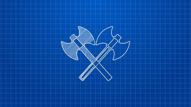 White line Crossed medieval axes icon isolated on blue background. Battle axe, executioner axe. Medieval weapon. 4K Video motion graphic animation