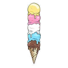 Many melting ice cream balls in a waffle cone, vector drawing