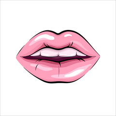 Pink woman lips, open mouth, vector drawing