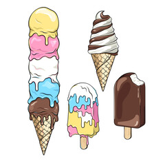 Set of melting ice cream, vector drawings