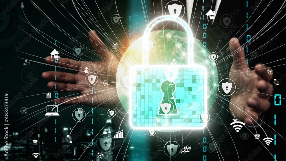 Poster cyber security encryption technology to protect data privacy conceptual . 3d render computer graphic