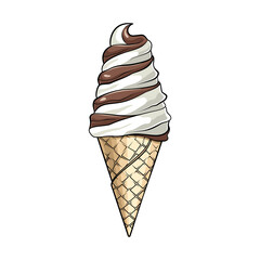 Vanilla chocolate ice cream cone, vector drawing