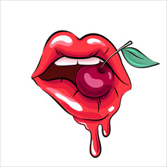 Woman lips with a cherry, vector drawing