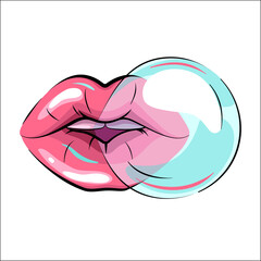 Woman lips with bubble gum, vector drawing