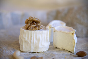 Fototapeta na wymiar Various types of cheese with white mold on packaging paper. Home production, natural products.