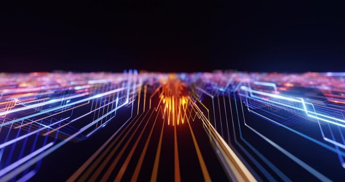 Data transition, internet super highway. High speed communication, hi-tech technology background. Cyberspace environment with fast data download, upload. computer system, data processing. 4K loop